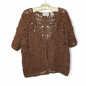 Brown Crochet Open Knit Alfred Dunner Cotton Cardigan  - L